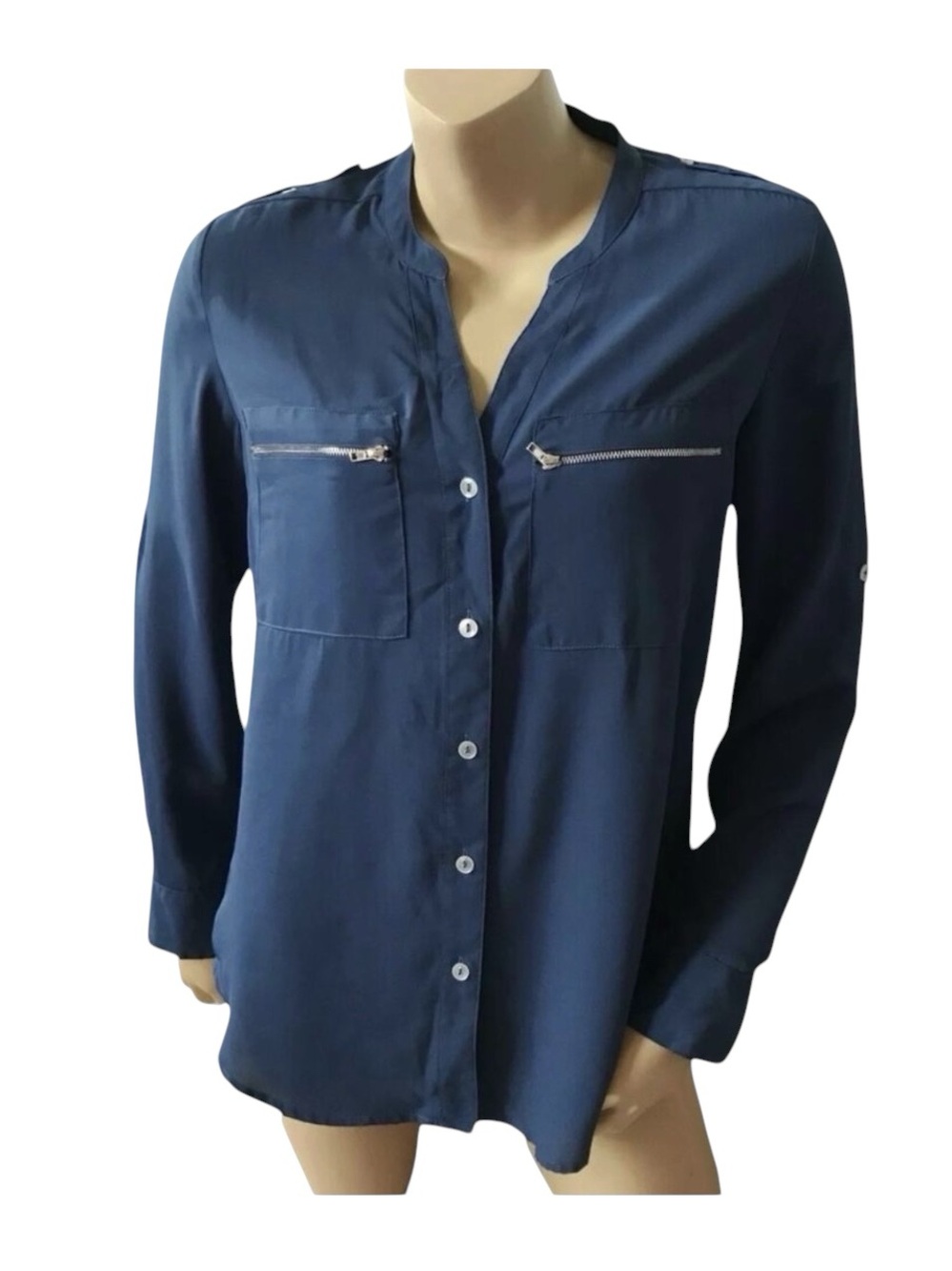 Tracy M Blouse Womens Small Blue Roll Tab Zip Pocket Button Up Shirt Long Sleeve